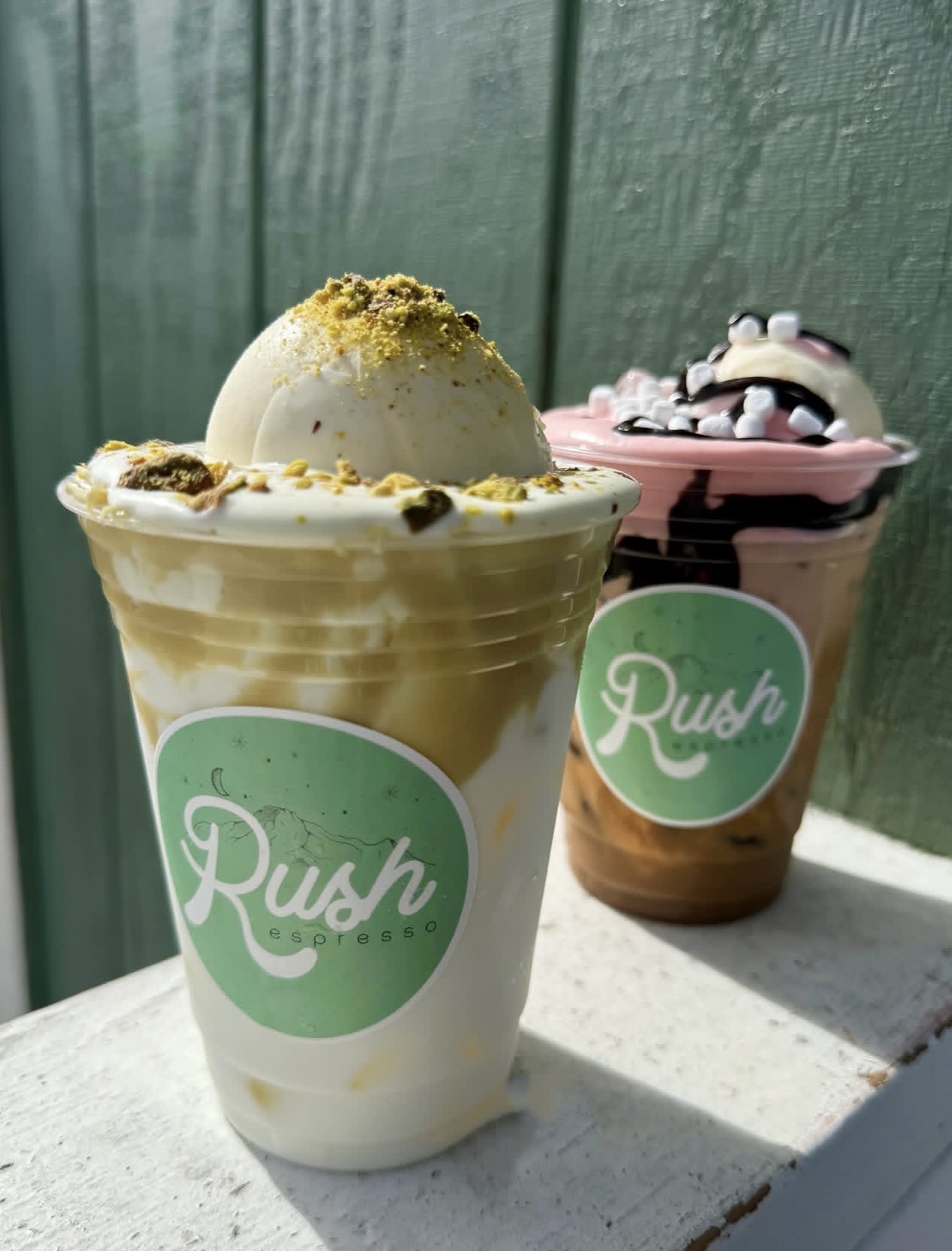 Pistachio cream cold brew topped with whipped cream